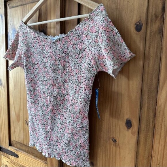 NWT MyStyle 100% Cotton Off Shoulder Top Shirring Smocked Pink Beige - Large - Picture 3 of 9